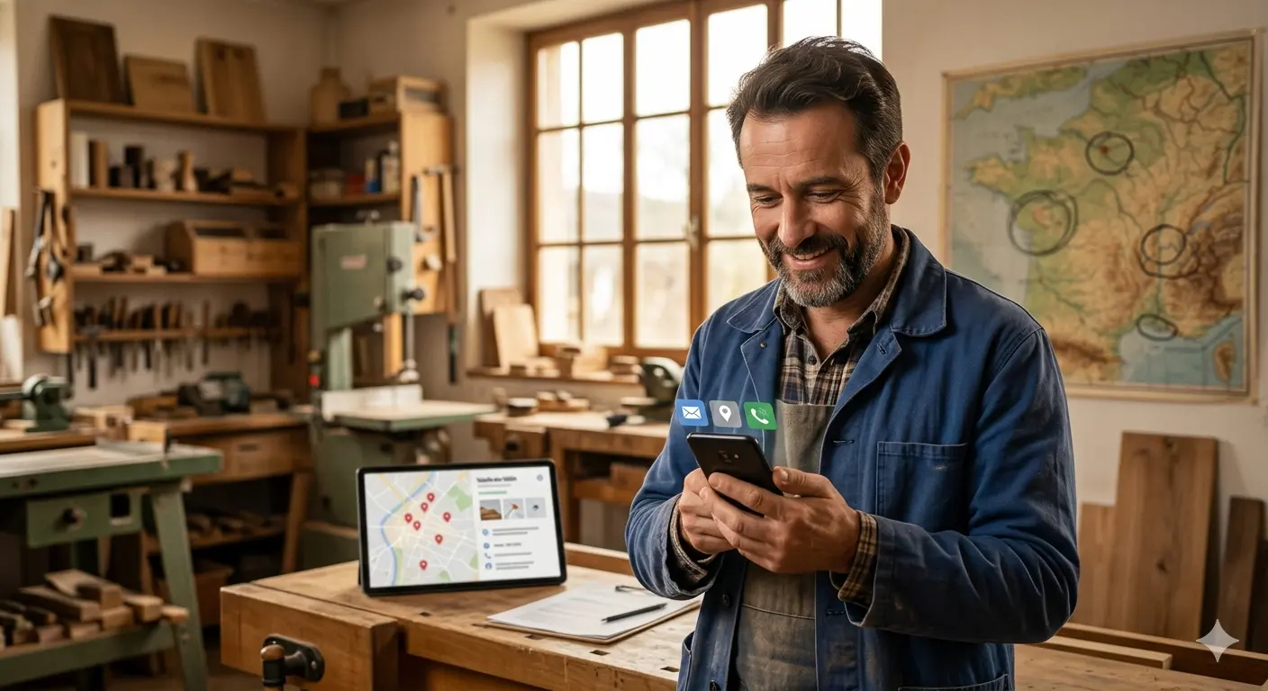 Artisan échangeant avec un consultant sur le suivi mensuel de son site internet
